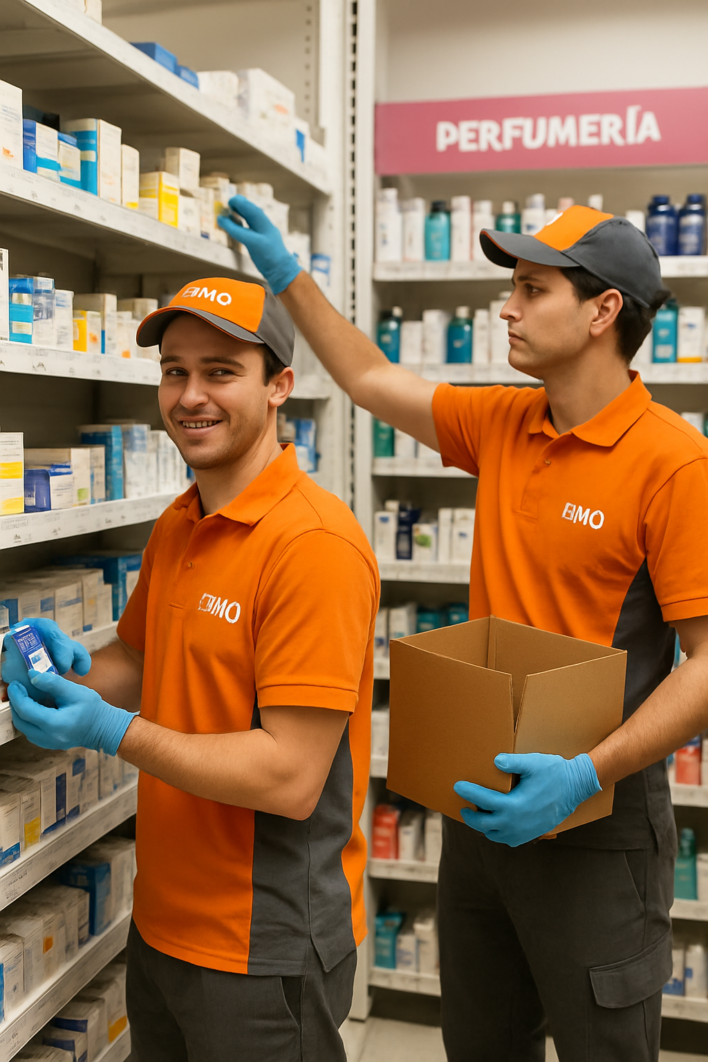 repositores expertos con uniforme de BMO color naranja y gris sin barbijo trabajando en farmacia y perfumera-1
